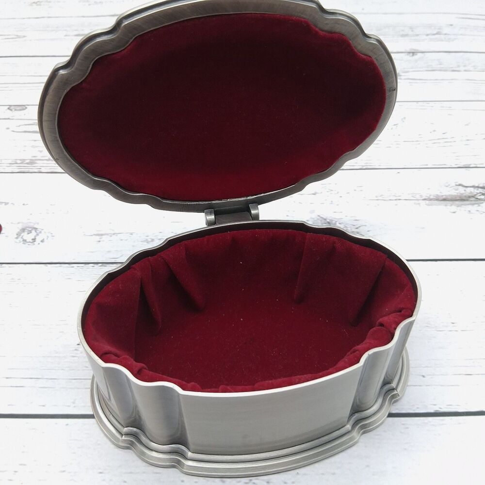 Pewter Jewelry/Trinket Box With Red Velvet Lining & Pouch Hinged Lid Zhen Zhu - Picture 8 of 12